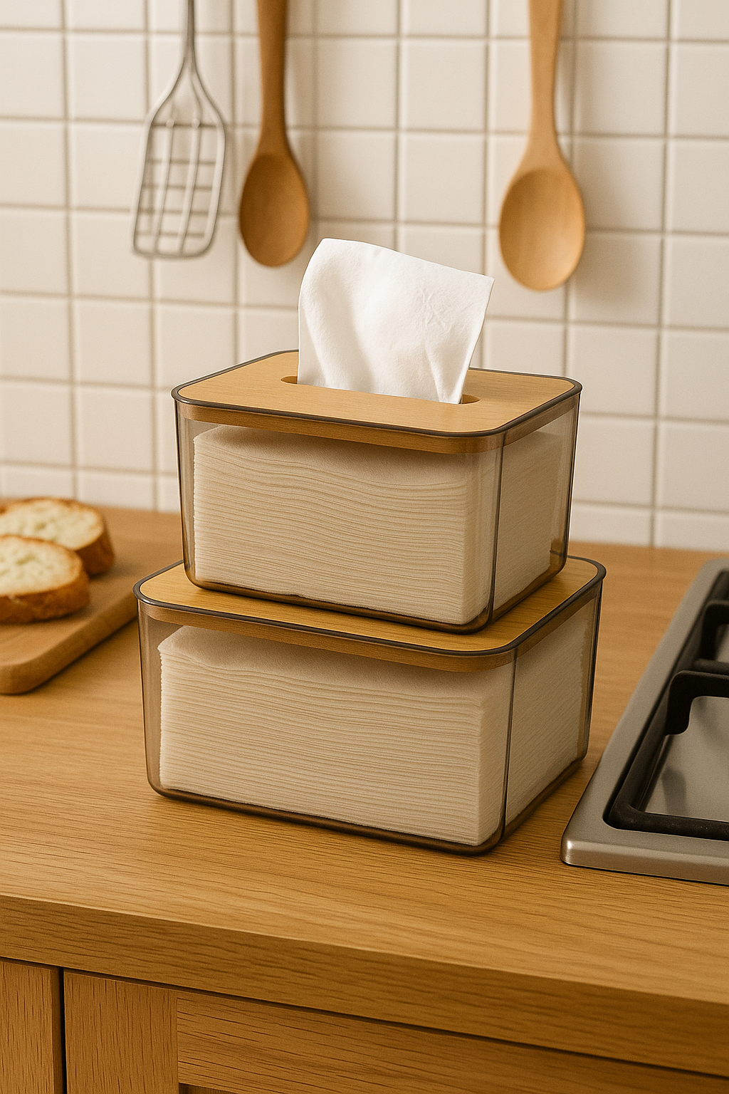 Bamboo Lid Tissue Box – Modern Plastic Holder for Home & Office